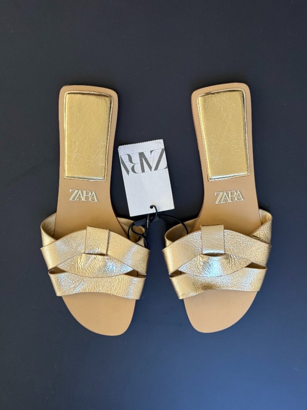 Zara Metallic Woven Flat Sandals in Gold NWT | 38 / 7.5 US